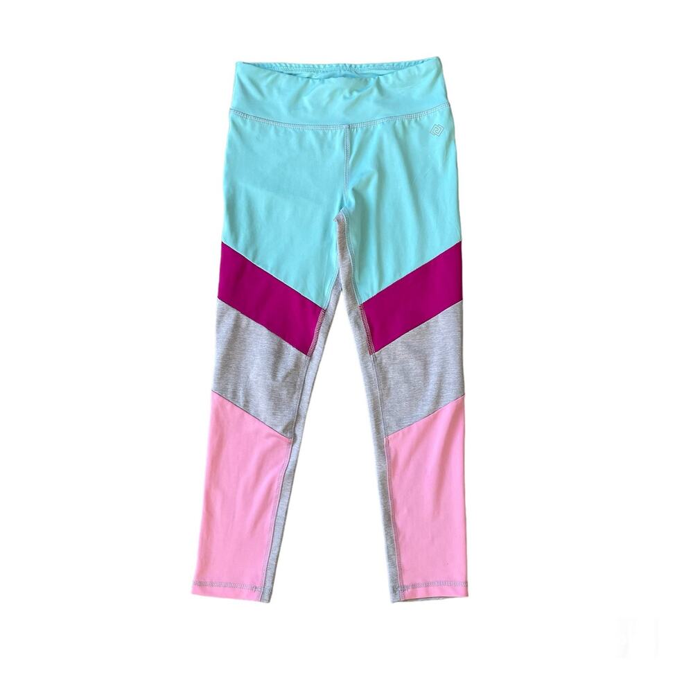 Girls 10/12 Zelos Turquoise Gray Pink Colorblock Stripe Athletic Leggings